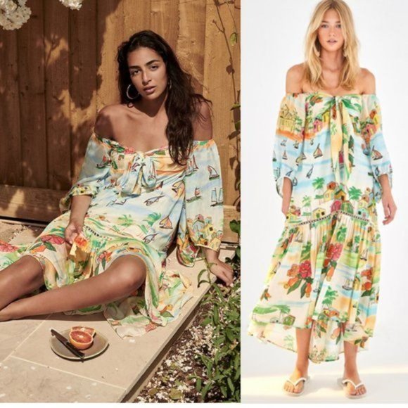 Anthropologie Farm Rio Leilani Off-The-Shoulder Midi Dress - Picture 1 of 10